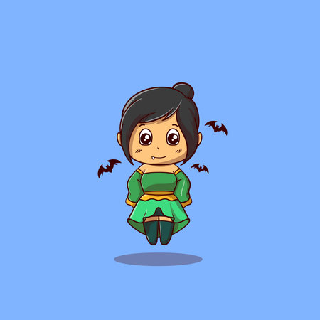 Halloween illustration cute Dracula girl vector icon illustration with many flying batsのイラスト素材