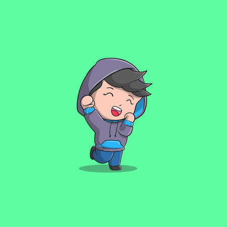 boy feels happy thanks giving Muslim blessing vector icon illustration cute and kawaii versionのイラスト素材