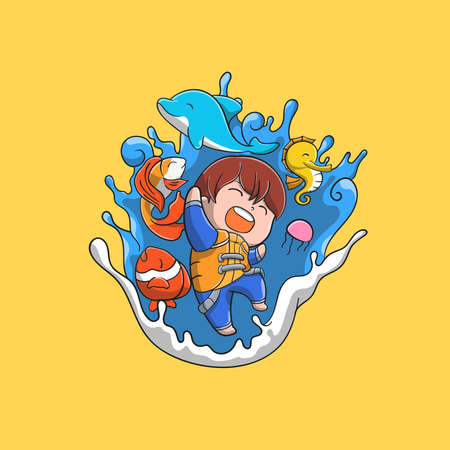 happy boy with a lot of sea animals vector icon illustrations. suitable for campaign save the ocean flat cartoon styleのイラスト素材