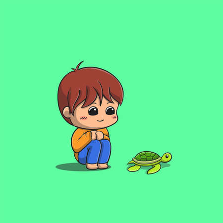 cute boy observe baby turtle vector icon illustrationのイラスト素材