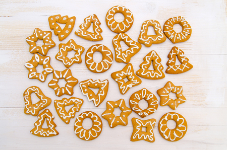 Homemade christmas cookies on wooden tableの写真素材
