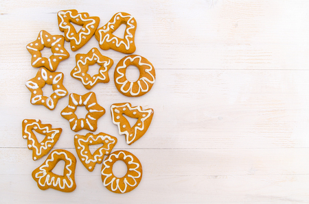 Homemade christmas cookies on wooden tableの写真素材
