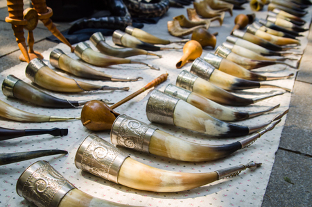 Expensive, Old and curved drinking horns, Geogriaの写真素材