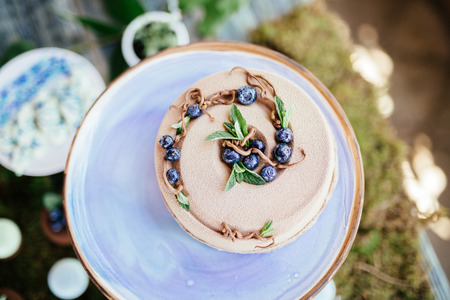 delicious creamy brown cake closeup on blue plateの写真素材