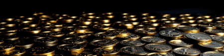 a pile of coins sitting on top of each other, gold black, high detail product photoの素材