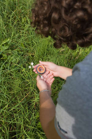 hand with compass on background of the herbの写真素材