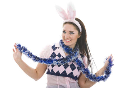 Beautiful woman with christmas decoration on isolated backgroundの写真素材