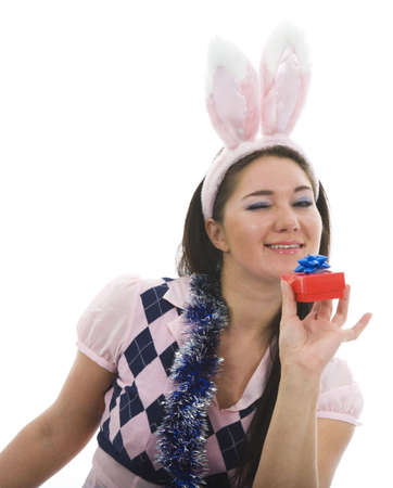 Beautiful woman with christmas decoration on isolated backgroundの写真素材