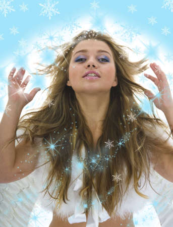 Beautiful woman with wings on isolated backgroundの写真素材