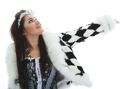 Beautiful brunette in fur jacket on isolated backgroundの写真素材