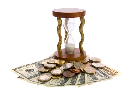 Dollars and hourglass on white background