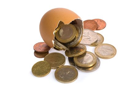 Egg with money on white background