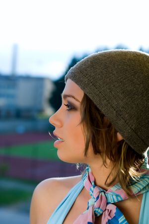 Portrait young girl on sunsetの写真素材