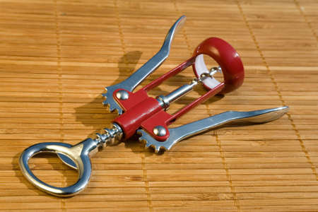 red corkscrew on a bamboo litterの写真素材