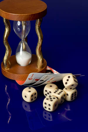  yellow casino dice with cards on a blue background