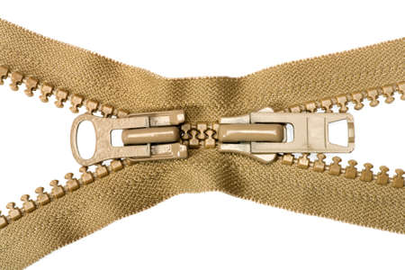 Unzipped brown zipper isolated on white background.