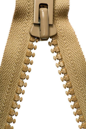 Unzipped brown zipper isolated on white background.