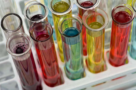  Glass test tubes filled with liquid on a rack for an experimentの写真素材