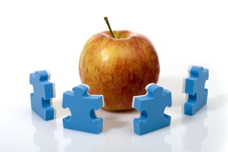 3D blue puzzle isolated on white backgroundの写真素材