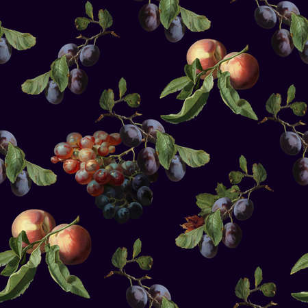 Autumn harvest watercolor seamless pattern with fruits and butterflies. Grapes Peach Apricot Strawberry Gooseberry. Botanical watercolor illustration.の写真素材