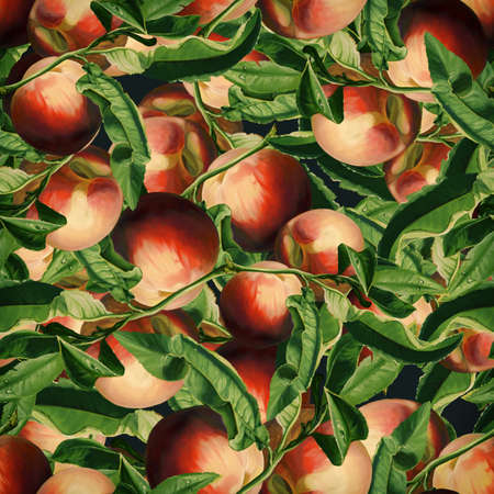 Seamless acrylic botanical pattern with fruits and leaves composition on black background. Peach branches. Perfect for wrappers, wallpapers, postcards, greeting cards, wedding invitations.の写真素材