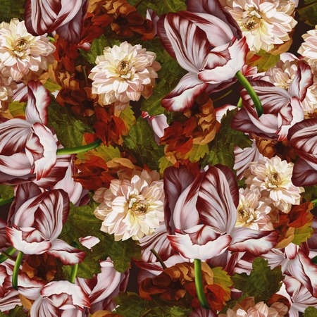 Pattern with bouquet of flowers,tulip,peony on blackの写真素材