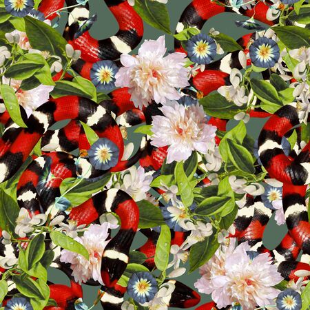 Coral Snakes  Pattern. Snake Skin Fashion Background for Textile Fabric, Prints, Wallpaper. Animal Reptile Ornamental Texture.の写真素材