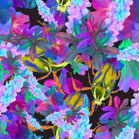 seamless pattern,watercolor floral background ,pattern for printing on fabric ,Wallpaper,pretty flowers peony,hydrangea ,lupine,iris and butterflyの写真素材