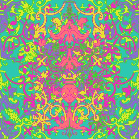 Vintage baroque floral patterned frame in bright neon colors. 1980s style. Ornate vector decoration. Luxury, royal and Victorian concept. Vintage design. Heraldic floral texture.のイラスト素材