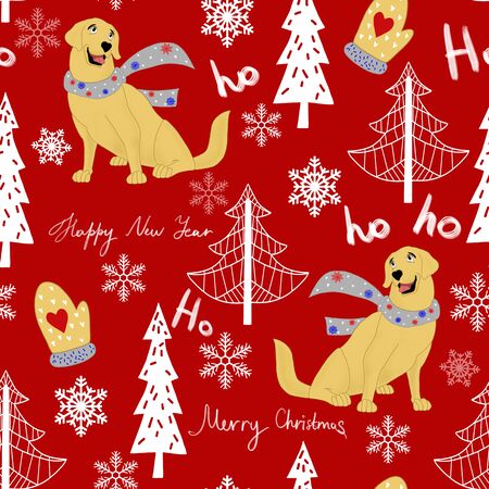 New Years pattern with dogs and toys, sweets on a red background. Christmas tree and snowflake ornament, snowman. Pattern with a New Yearsの写真素材