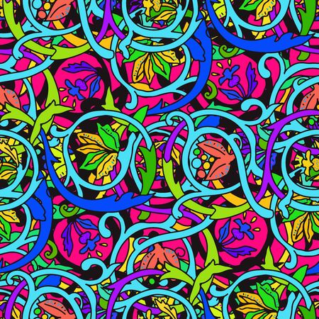 Colorful vintage seamless pattern with elements of flowers and mandalas. Hand drawn background. Can be used for fabric, wallpaper, tiles, packaging, covers and carpets. Italianのイラスト素材