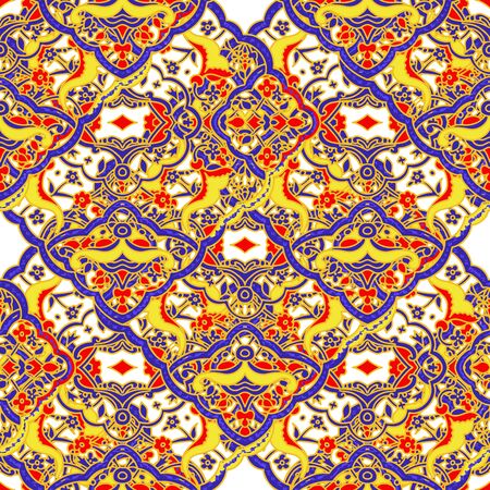 Colorful Damask Seamless Vector Pattern. Elegant Design in Royal Baroque Style Background Texture. Floral and Swirl Element. White, Orange, Blue Colors. Ideal for Textile Print and Wallpapers.のイラスト素材