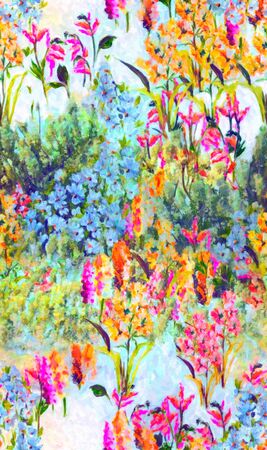 Seamless Vintage Flower Pattern. Multicolored bouquet of wildflowers blooming flowers ornament. Bright creative pattern suitable for printing on textiles, wallpaper, leggings,の写真素材
