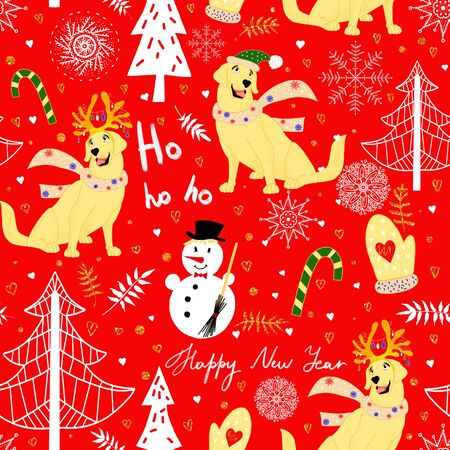 New Year's pattern with dogs and toys, sweets on a red background. Christmas tree and snowflake ornament, snowmanの写真素材