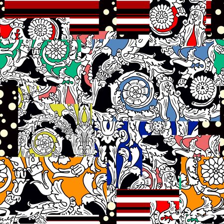 Abstract ethnic spanish patchwork tile wallpaper, vector seamless pattern. Pea patchwork ornament bright flaps with stripes, arabesques, mosaic suitable for textiles.のイラスト素材