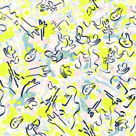 Crazy line drawing style. Hands and feet, faces of women on abstract geometric background. Trendy design for cards, covers and packaging, textiles, clothing, fabrics. Human faces in a modern style.の写真素材