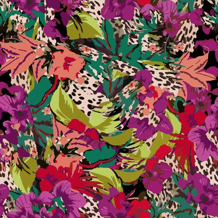 Mix animal skin prints ,Leopard, snake, zebra, tiger safari africa seamless pattern vector design for fashion,fabric and all prints on white backgroundの写真素材
