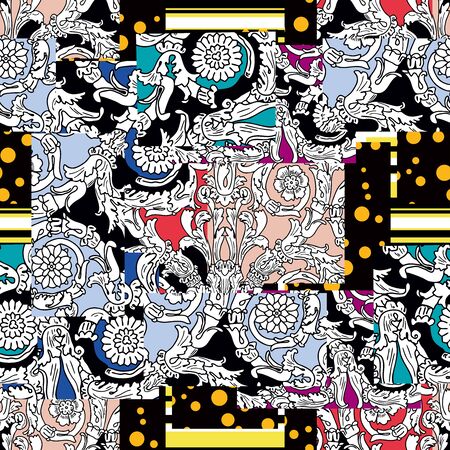Abstract ethnic spanish patchwork tile wallpaper, vector seamless pattern. Pea patchwork ornament bright flaps with stripes, arabesques, mosaic suitable for textiles.の写真素材
