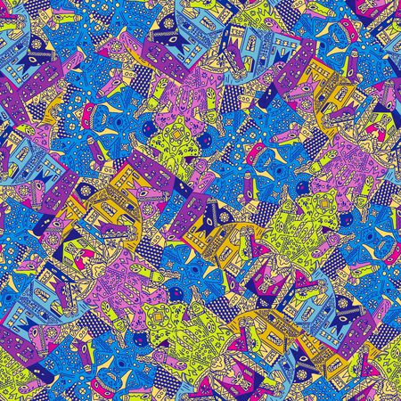 Modern bright seamless traditional ornaments suitable for printing childrens textiles, and boys, girls. Geometric abstract illustration of horses on the street with houses. square patternの写真素材