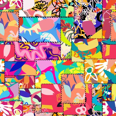 seamless patchwork pattern with roses.Floral Illustration in textile. Ethnic patchwork patternのイラスト素材