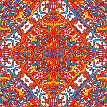 Tribal. Vintage ethnic seamless pattern. Navajo geometric multicolor summer print. Hipster hand drawn. Aztec neon backdrop. Wallpaper.Geometric mosaic seamless print. Tribal vintage structure. American native ornament. Tribal indian ethnic seamless design. Festive colorful textileのイラスト素材