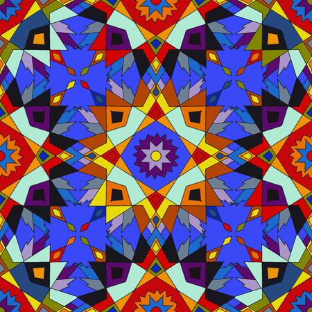 Tribal. Vintage ethnic seamless pattern. Navajo geometric multicolor summer print. Hipster hand drawn. Aztec neon backdrop. Wallpaper.Geometric mosaic seamless print. Tribal vintage structure. American native ornament. Tribal indian ethnic seamless design. Festive colorful textileのイラスト素材