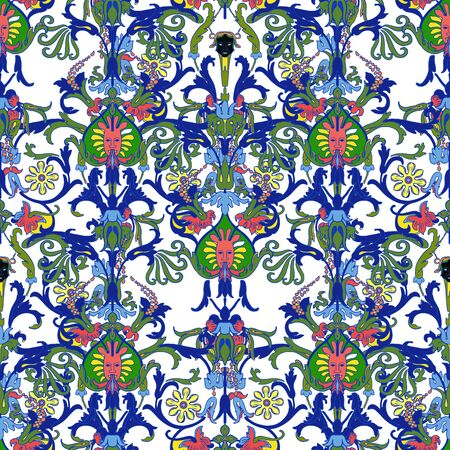 Antique. Vintage retro ethnic seamless pattern. Baroque, renaissance geometric multicolor floral arabesque summer print. Hipster hand drawn. Ancient background. Wallpaper. prints on fabrics, fabricsのイラスト素材