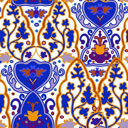 Seamless floral pattern folk colorful flowers and leaves. Flower embroidery. Talavera pattern. Indian patchwork. Turkish ornament. Spanish ethnic background. Mediterranean seamless wallpaper.のイラスト素材