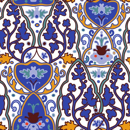 Seamless floral pattern folk colorful flowers and leaves. Flower embroidery. Talavera pattern. Indian patchwork. Turkish ornament. Spanish ethnic background. Mediterranean seamless wallpaper.のイラスト素材