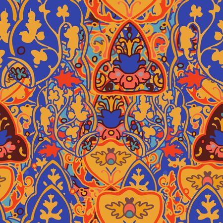 Seamless floral pattern folk colorful flowers and leaves. Flower embroidery. Talavera pattern. Indian patchwork. Turkish ornament. Spanish ethnic background. Mediterranean seamless wallpaper.のイラスト素材