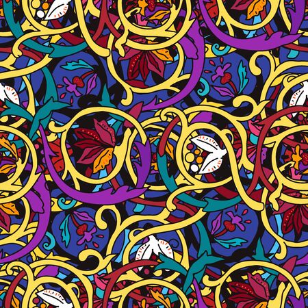 Ethnic floral mandala seamless pattern. Colorful mosaic background.Seamless decorative oriental pattern.Fairy floral pattern. Seamless filigree ornament. Stylized template for wallpaper, textile, shawl, carpet and any surface.のイラスト素材