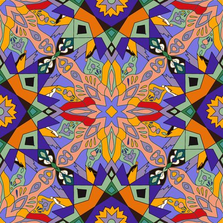 Tribal. Vintage ethnic seamless pattern. Navajo geometric multicolor summer print. Hipster hand drawn. Aztec neon backdrop. Wallpaper.Geometric mosaic seamless print. Tribal vintage structure. American native ornament. Tribal indian ethnic seamless design. Festive colorful textileのイラスト素材