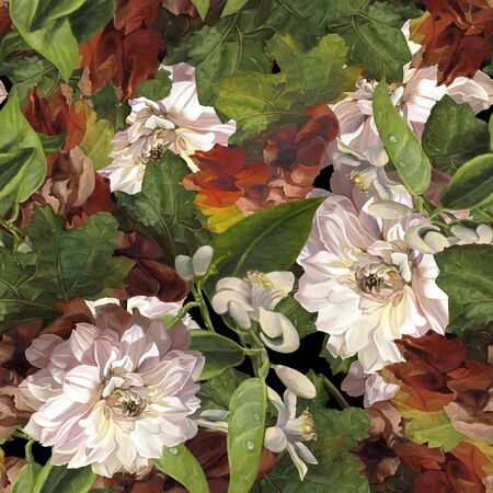 Seamless pattern in antique, vintage, retro style. Scenic plum in digital art leaves, peony, peach. Dutch still life. Fruit pattern with flowers is suitable for printing on fabric, textilesの写真素材