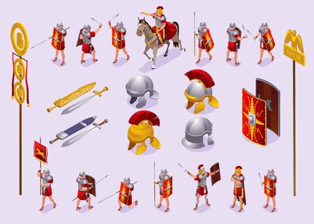 Roman Legionaries Ancient Rome Set isometric icons on isolated backgroundのイラスト素材